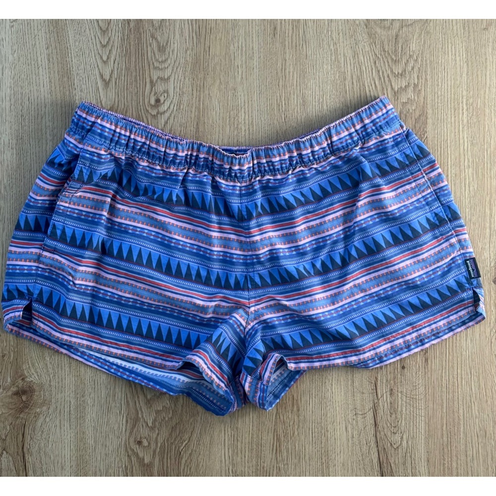 Patagonia Women's Barely Baggies Shorts Blue Pink Geometric Aztec Print‎ Size L